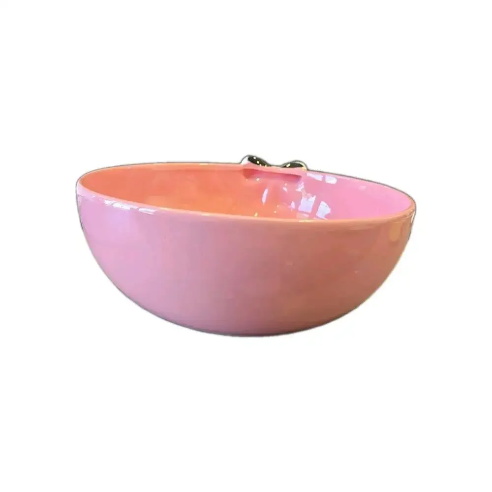 New Pink Black & White Pumpkin W/ Bow Halloween Large Salad Candy Serving Bowl